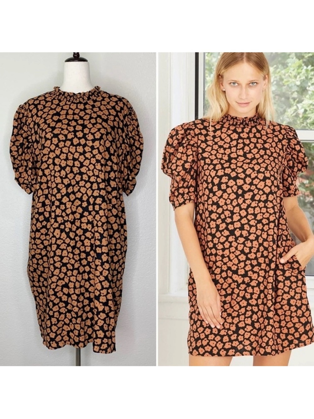 Who What Wear Linen Blend Floral Puff Sleeve Shift Dress Size Large